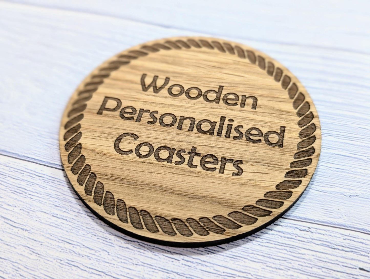 Custom Wood Coasters with Rope Border – Personalised Text, Nautical Gift, Eco-Friendly Boat Gift, Sustainable Craft, Round 100mm Diameter