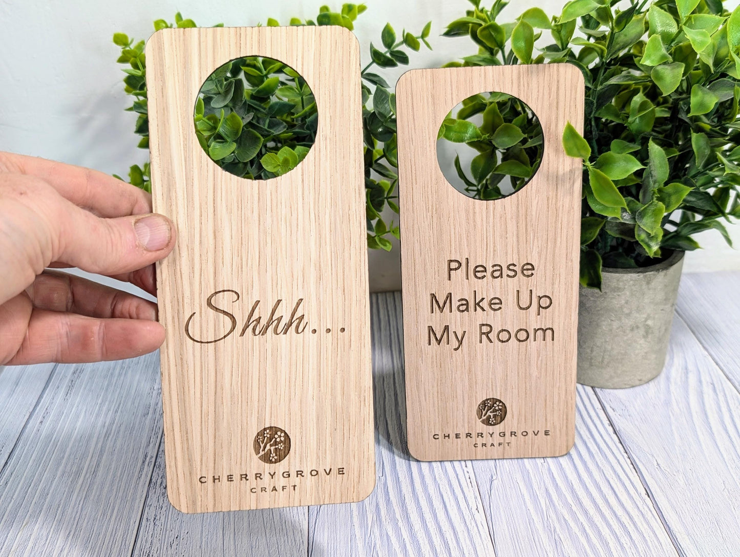 Personalised Wooden Door Hanger – "Shhh..." and "Please Make Up My Room", Custom Logo Option, Eco-Friendly Hotel & BnB Bedroom Sign