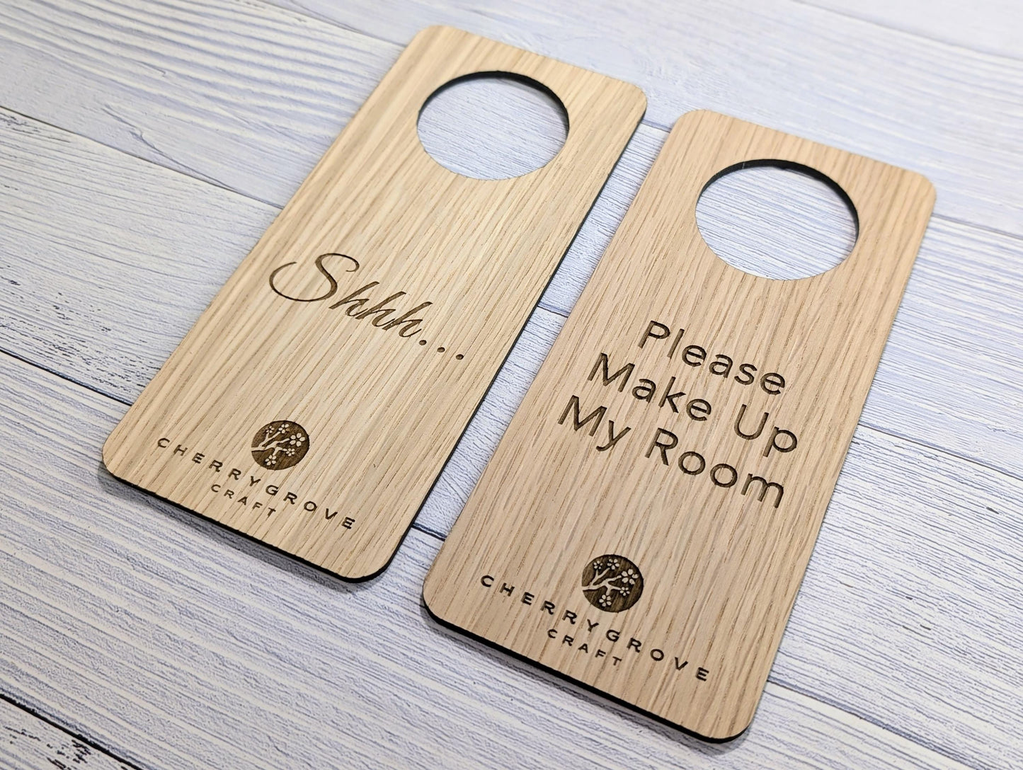 Personalised Wooden Door Hanger – "Shhh..." and "Please Make Up My Room", Custom Logo Option, Eco-Friendly Hotel & BnB Bedroom Sign