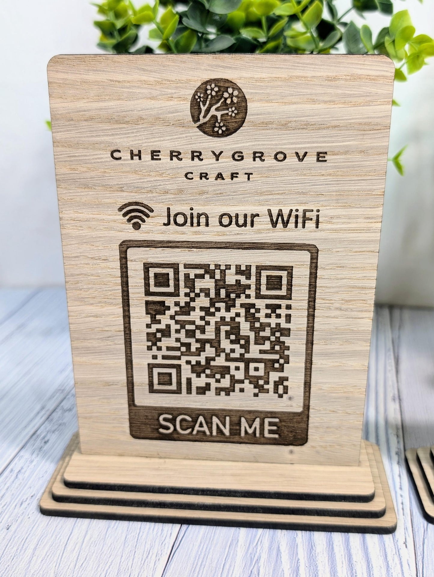 Wooden WiFi QR Code Sign + Logo, Eco-Friendly Custom Internet Password Table Display, 2 Sizes, Oak Plaque, Hotel, BnB, Guest House, Business