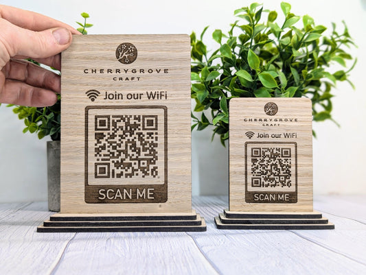 Wooden WiFi QR Code Sign + Logo, Eco-Friendly Custom Internet Password Table Display, 2 Sizes, Oak Plaque, Hotel, BnB, Guest House, Business