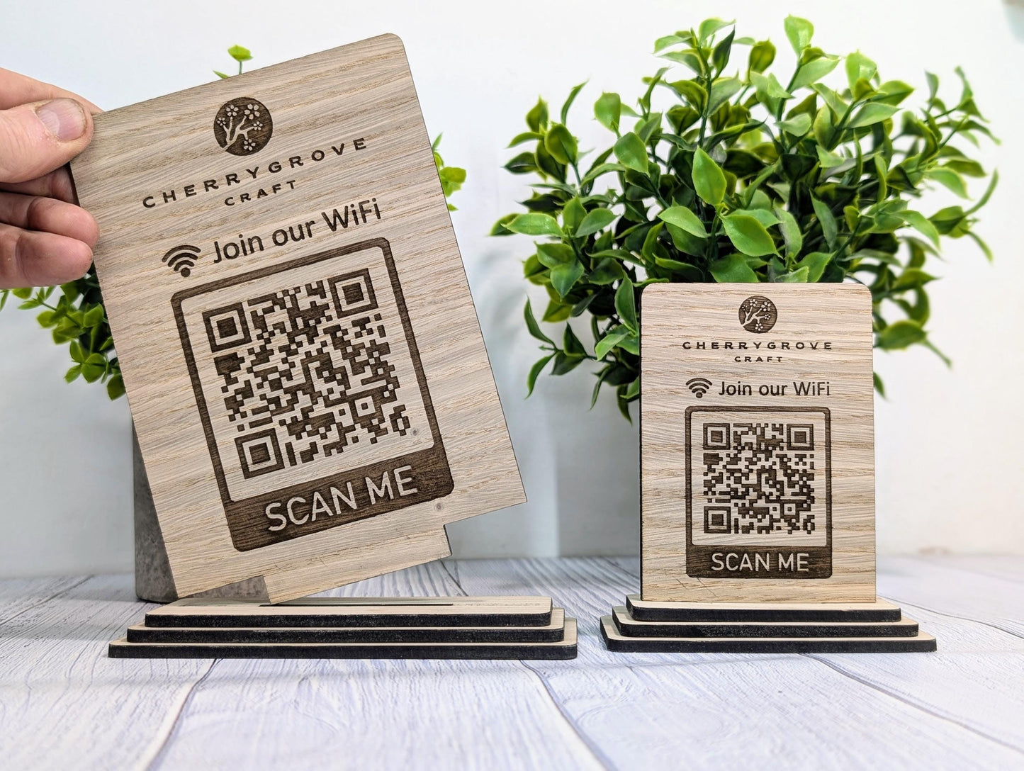 Wooden WiFi QR Code Sign + Logo, Eco-Friendly Custom Internet Password Table Display, 2 Sizes, Oak Plaque, Hotel, BnB, Guest House, Business