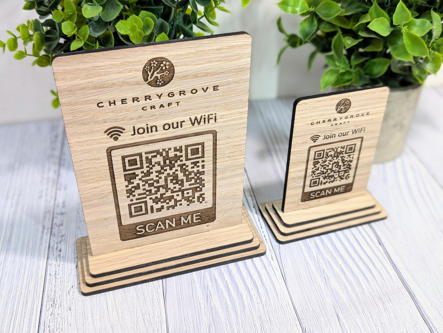 Wooden WiFi QR Code Sign + Logo, Eco-Friendly Custom Internet Password Table Display, 2 Sizes, Oak Plaque, Hotel, BnB, Guest House, Business