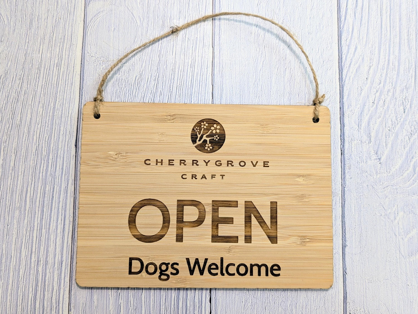 Personalised Bamboo Open and Closed Dog Friendly Sign for Business - Eco 2 Sided Veneered, Wood Signage, Sustainable Shop Door Plaque