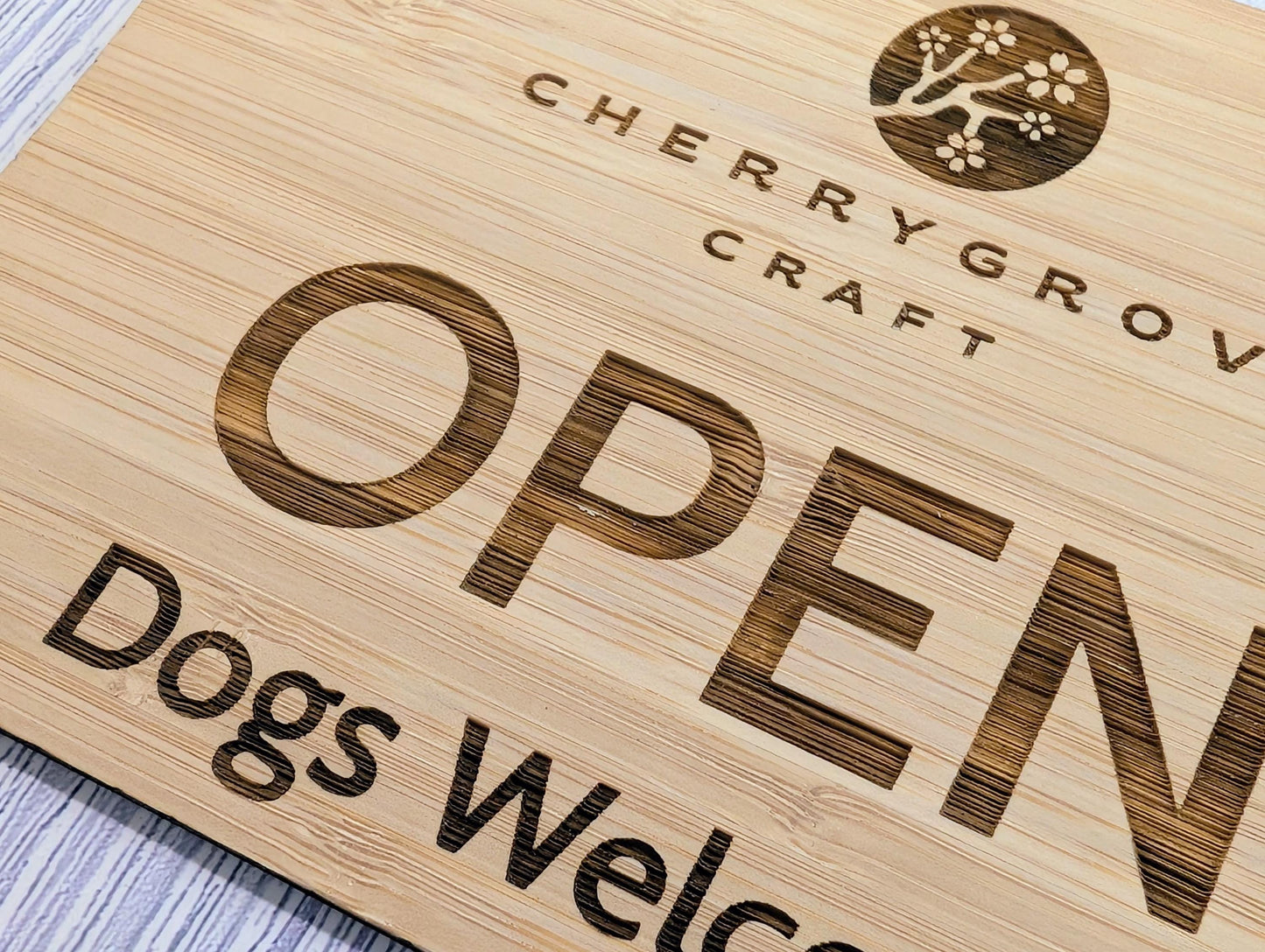 Personalised Bamboo Open and Closed Dog Friendly Sign for Business - Eco 2 Sided Veneered, Wood Signage, Sustainable Shop Door Plaque