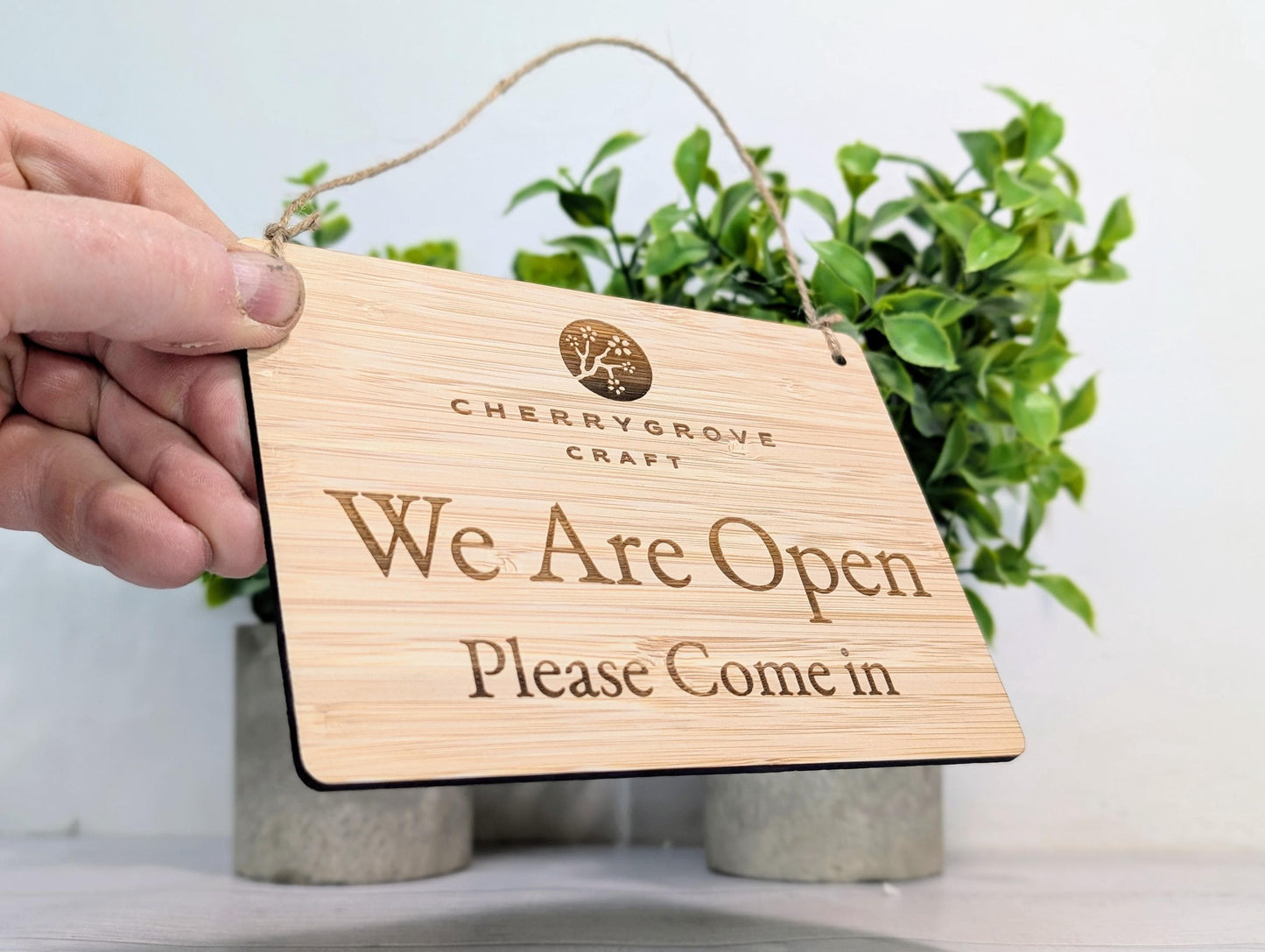 Personalised 'We Are Open, Please Come In' Bamboo Sign - Custom Logo Welcome Sign - Available in 4 Sizes - Shop Sign, Office Door Sign, Bulk