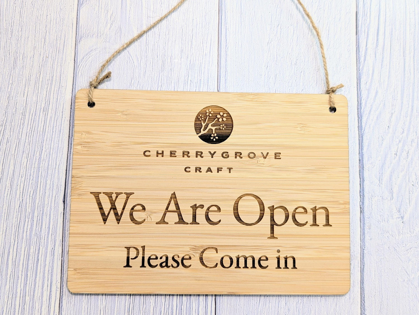 Personalised 'We Are Open, Please Come In' Bamboo Sign - Custom Logo Welcome Sign - Available in 4 Sizes - Shop Sign, Office Door Sign, Bulk