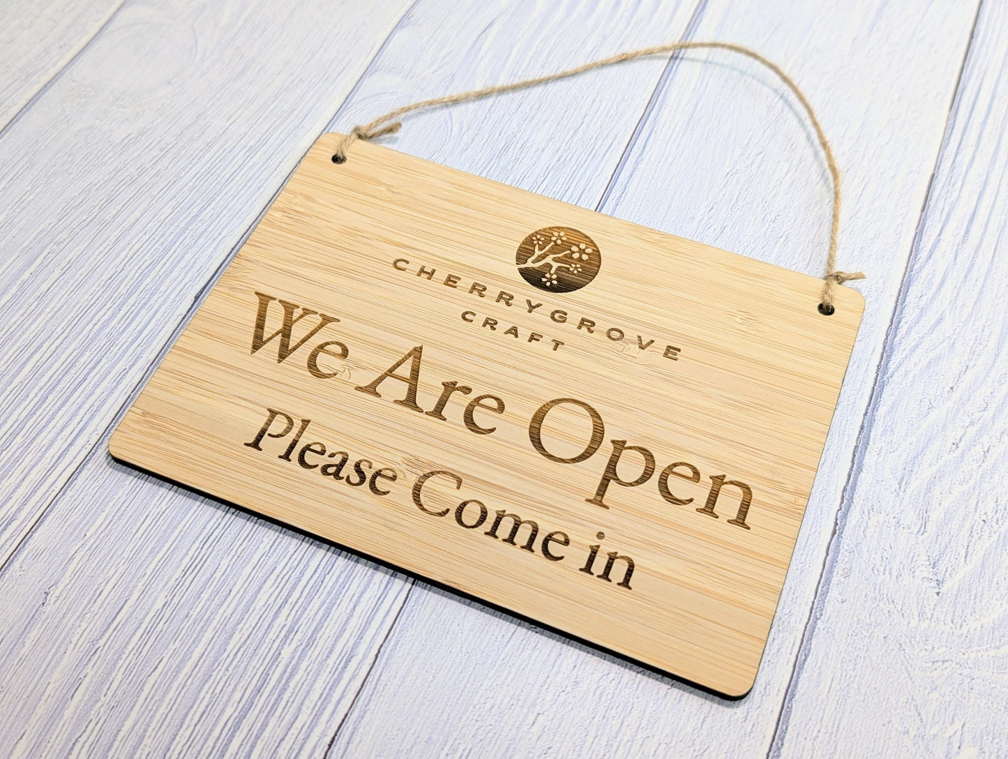 Personalised 'We Are Open, Please Come In' Bamboo Sign - Custom Logo Welcome Sign - Available in 4 Sizes - Shop Sign, Office Door Sign, Bulk