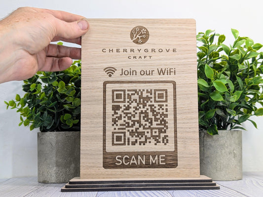 Wooden WiFi QR Code Extra Large Sign with Logo, Eco-Friendly Custom Network Name and Password Branded Table XL Display, Single Double-Sided