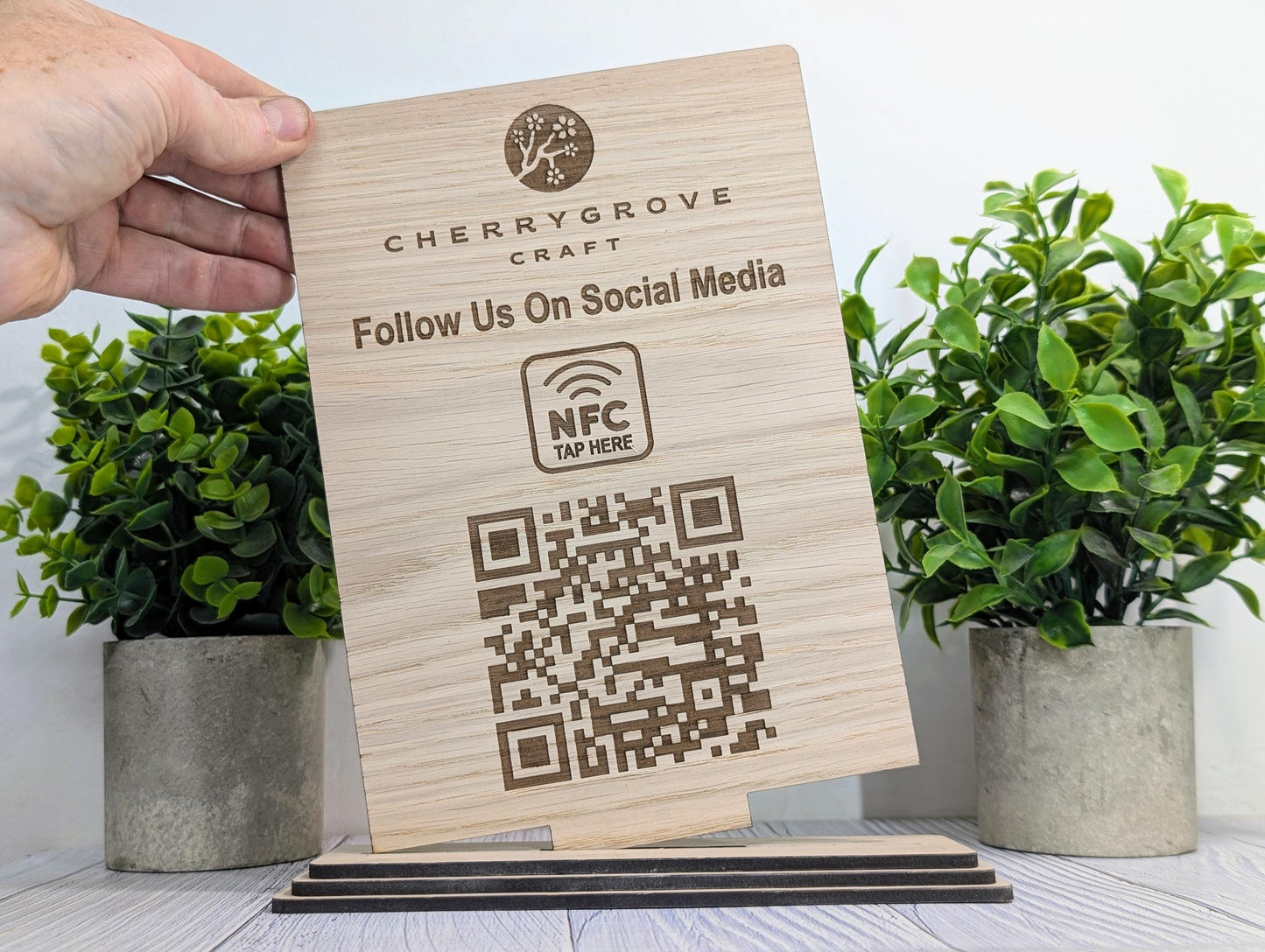 QR Code and NFC 'Follow Us on Social Media' Custom XL Wooden Table Sign, Personalised Logo & Social Media Link, Eco-Friendly, Extra Large