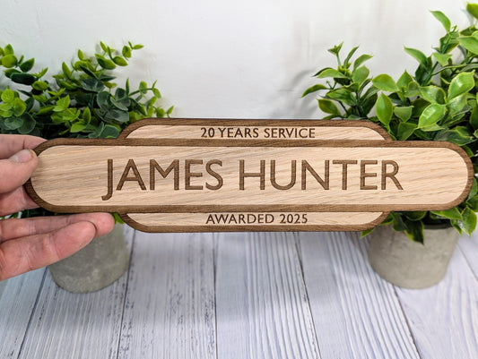 Personalised Long Service Award - Railway Station Themed Sign - British Rail - Oak MDF - Custom Text, 4 Sizes - Eco-Friendly, Train Style