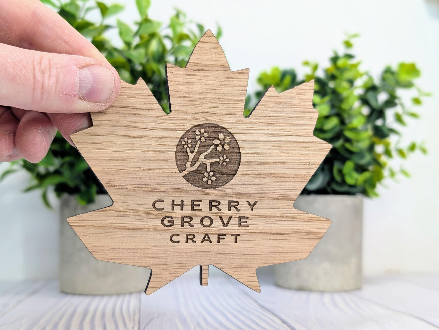 Leaf Shaped Wooden Logo Coasters - Personalised – Eco-Friendly Gift, Custom Branded – Bespoke Sustainable Craft, 115mm Diameter, Oak Wood