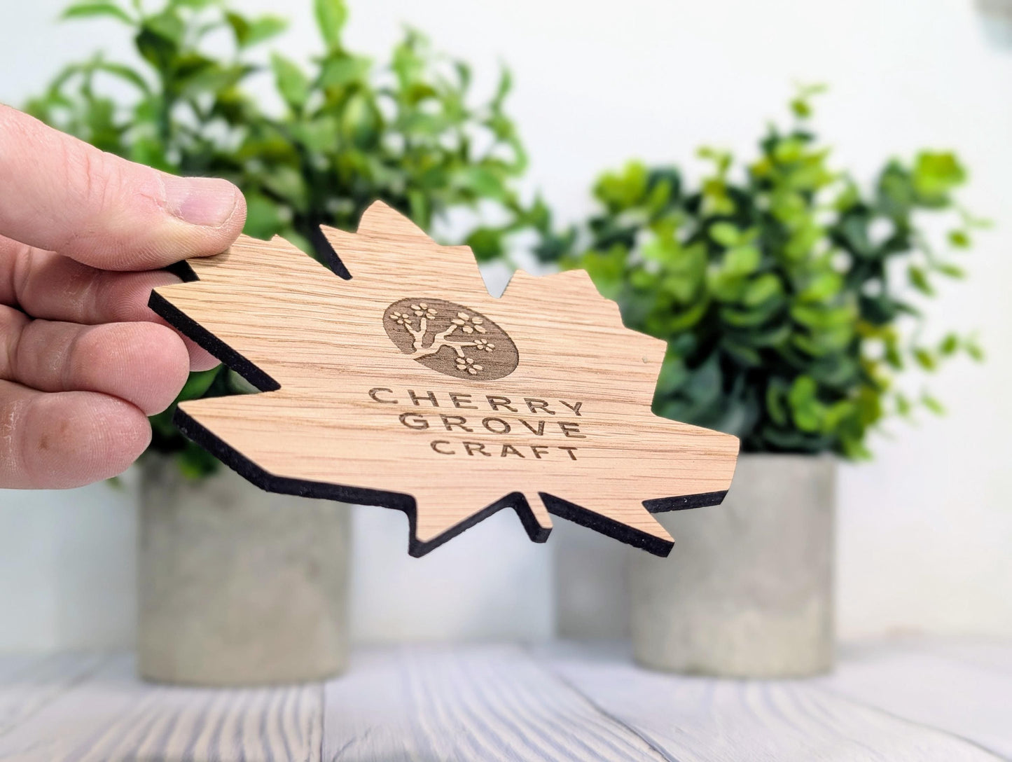 Leaf Shaped Wooden Logo Coasters - Personalised – Eco-Friendly Gift, Custom Branded – Bespoke Sustainable Craft, 115mm Diameter, Oak Wood