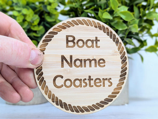 Custom Bamboo Coasters with Rope Border – Personalised Boat Name, Nautical Gift, Eco-Friendly Gift, Sustainable Craft, Round 100mm Diameter