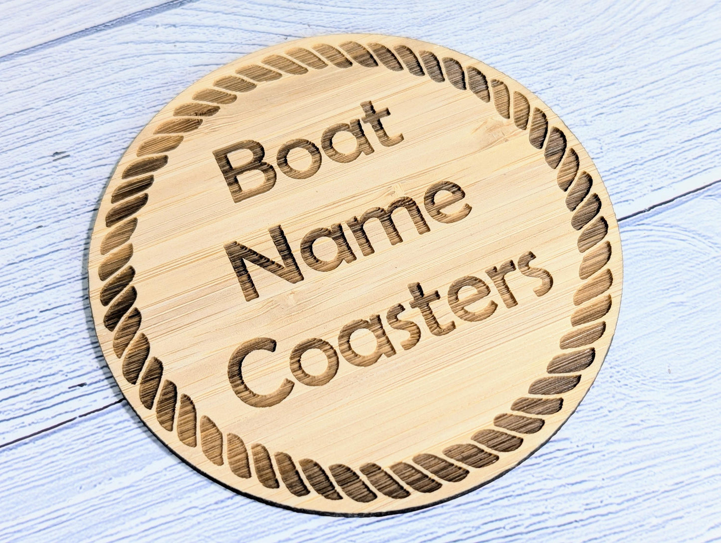 Custom Bamboo Coasters with Rope Border – Personalised Boat Name, Nautical Gift, Eco-Friendly Gift, Sustainable Craft, Round 100mm Diameter