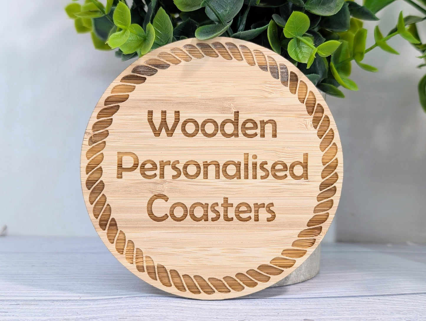 Personalised Bamboo Coasters, Rope Border – Custom Text, Nautical Gift, Eco-Friendly Boat Gift, Sustainable Craft, Round 100mm Diameter