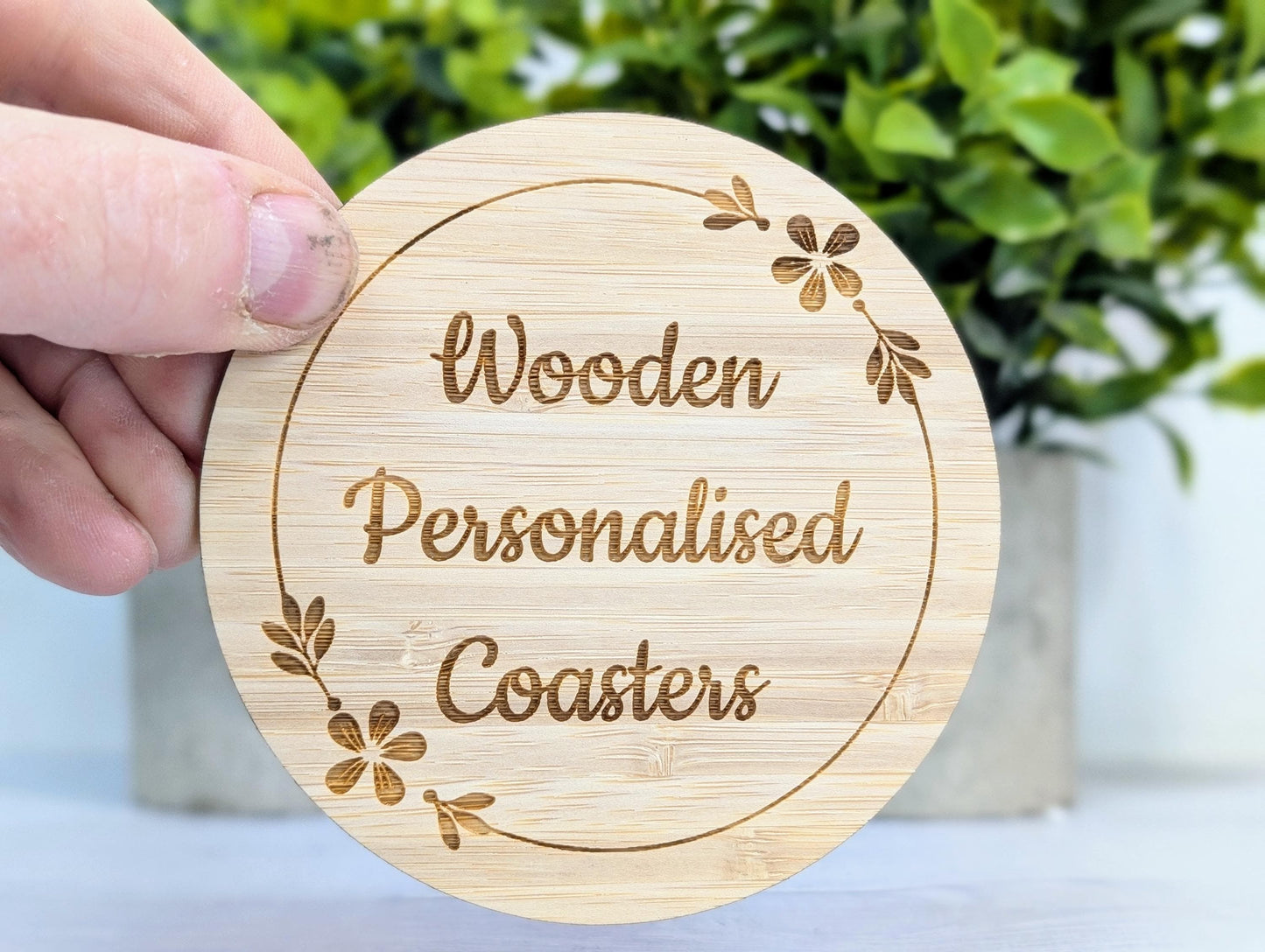 Custom Bamboo Coasters – Eco-Friendly Gift, Personalised Text, Engraved Border – Bespoke Sustainable Craft, 100mm Diameter, Coffee & Tea