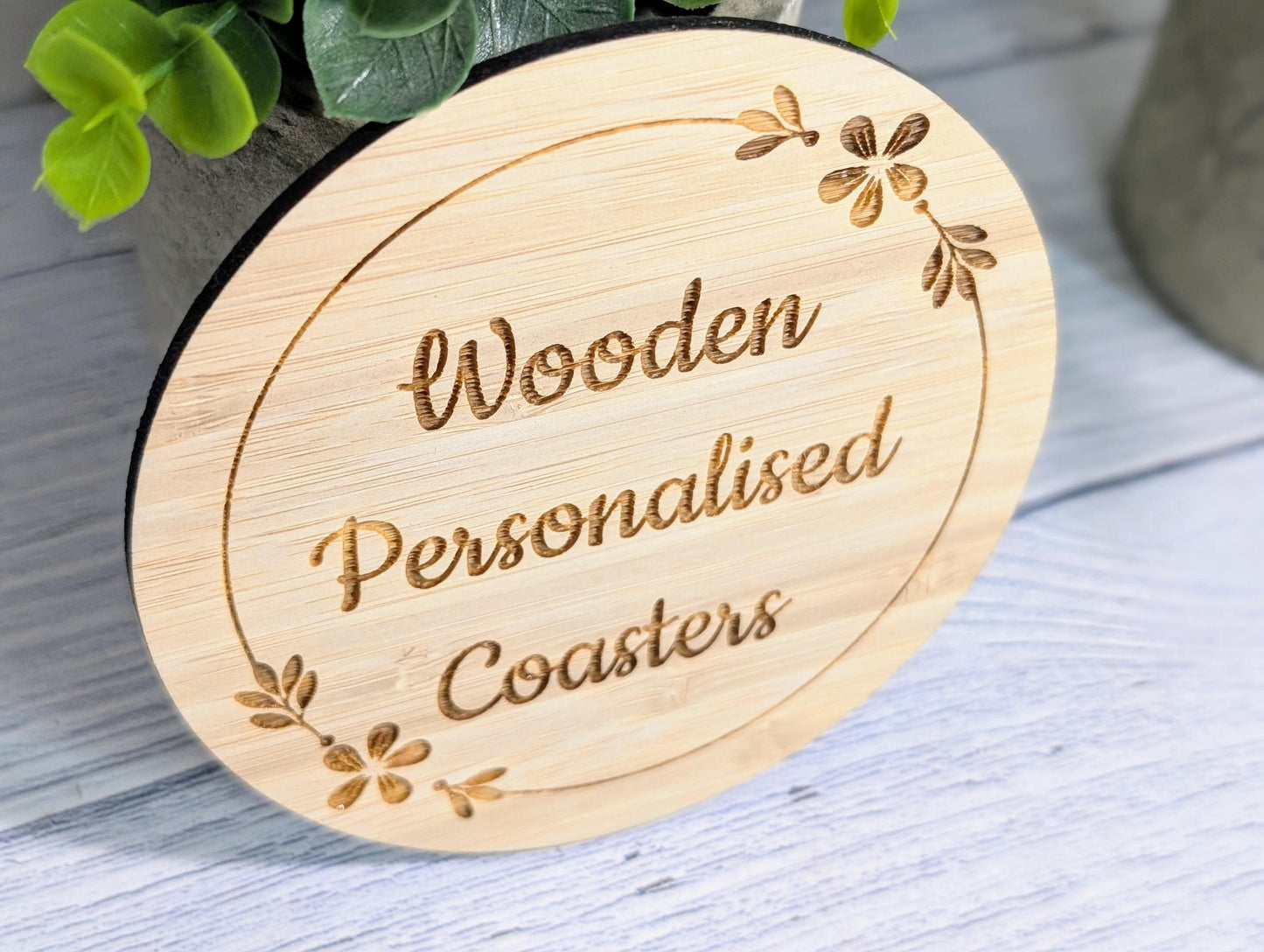 Custom Bamboo Coasters – Eco-Friendly Gift, Personalised Text, Engraved Border – Bespoke Sustainable Craft, 100mm Diameter, Coffee & Tea