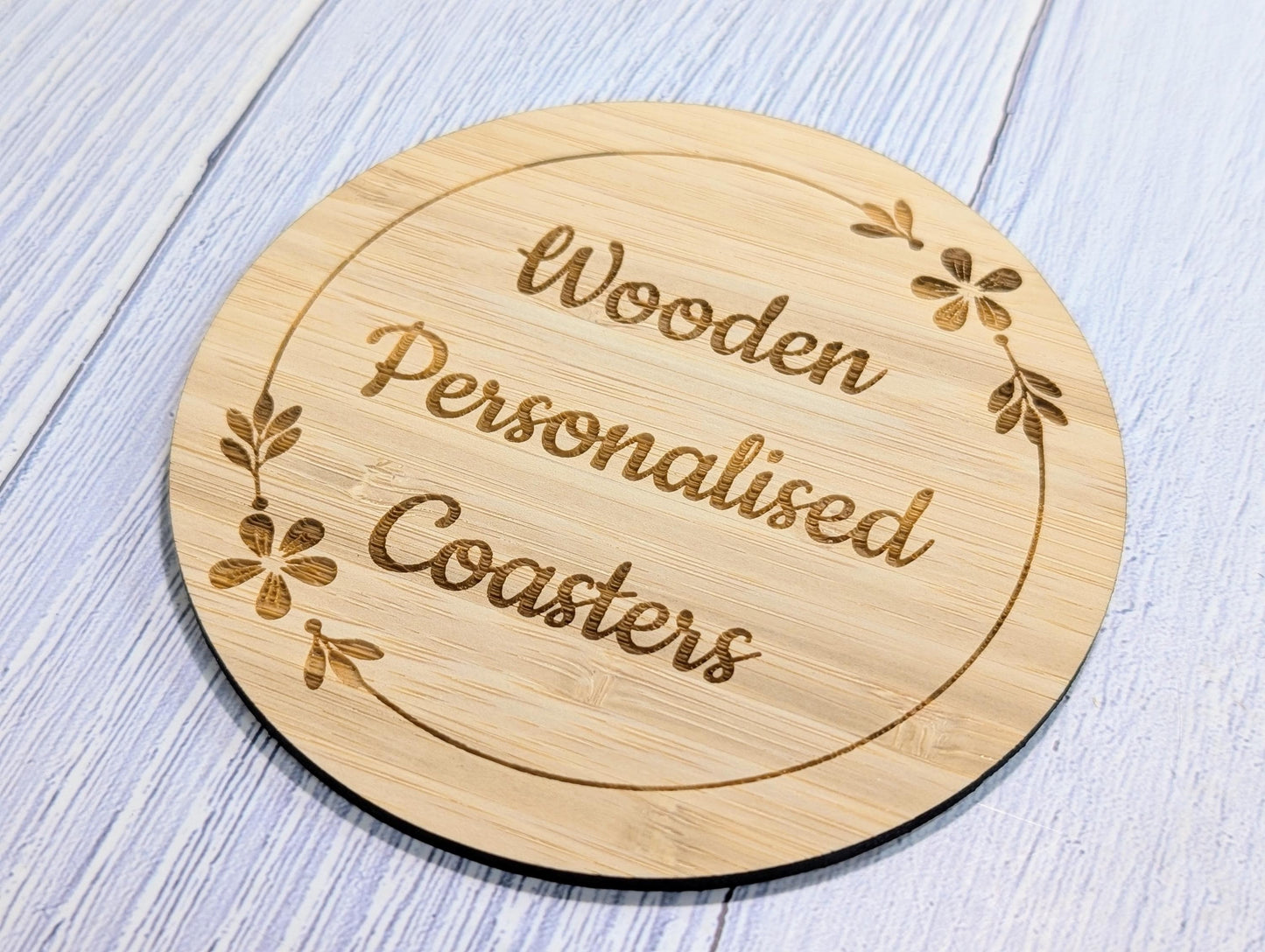 Custom Bamboo Coasters – Eco-Friendly Gift, Personalised Text, Engraved Border – Bespoke Sustainable Craft, 100mm Diameter, Coffee & Tea