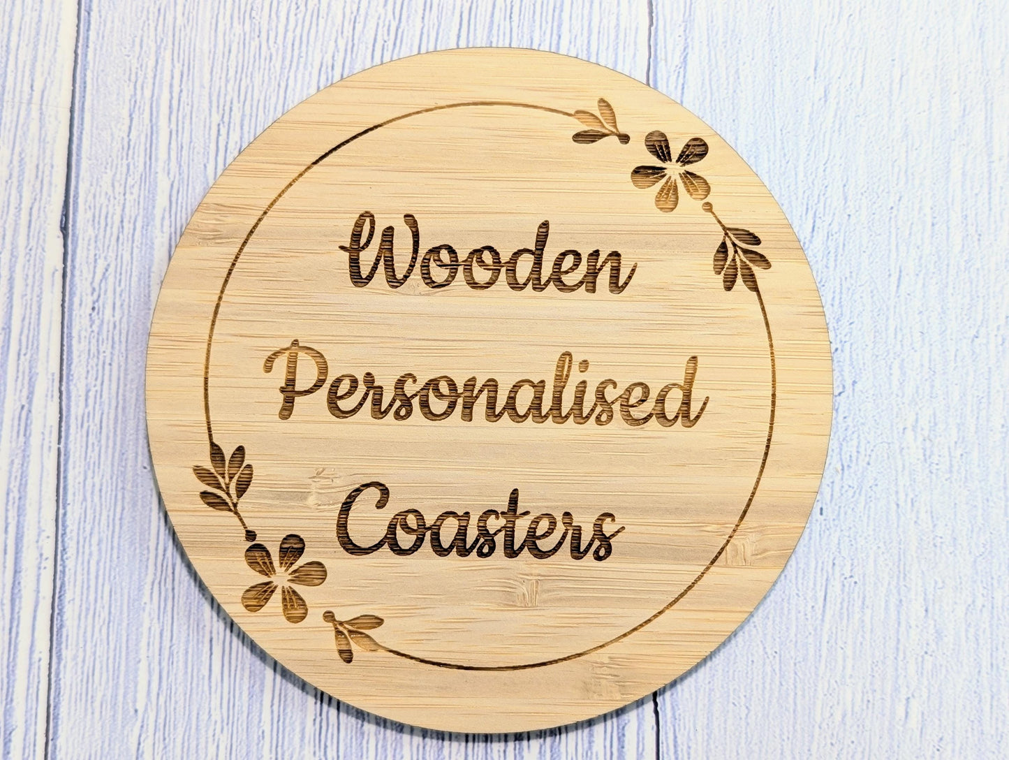 Custom Bamboo Coasters – Eco-Friendly Gift, Personalised Text, Engraved Border – Bespoke Sustainable Craft, 100mm Diameter, Coffee & Tea