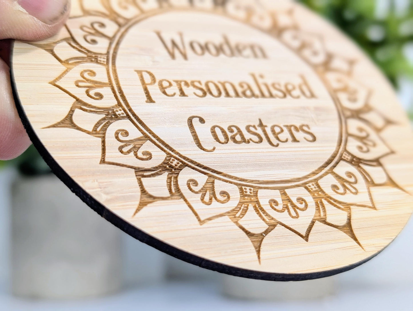 Custom Bamboo Coasters – Eco-Friendly Gift, Personalised Text, Engraved Border – Bespoke Sustainable Craft, 100mm Diameter, Coffee & Tea