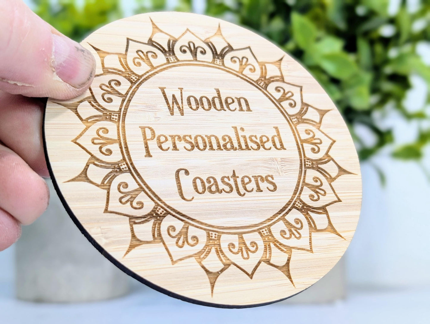 Custom Bamboo Coasters – Eco-Friendly Gift, Personalised Text, Engraved Border – Bespoke Sustainable Craft, 100mm Diameter, Coffee & Tea