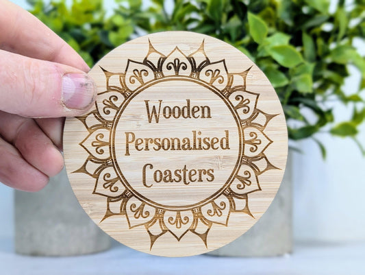 Custom Bamboo Coasters – Eco-Friendly Gift, Personalised Text, Engraved Border – Bespoke Sustainable Craft, 100mm Diameter, Coffee & Tea