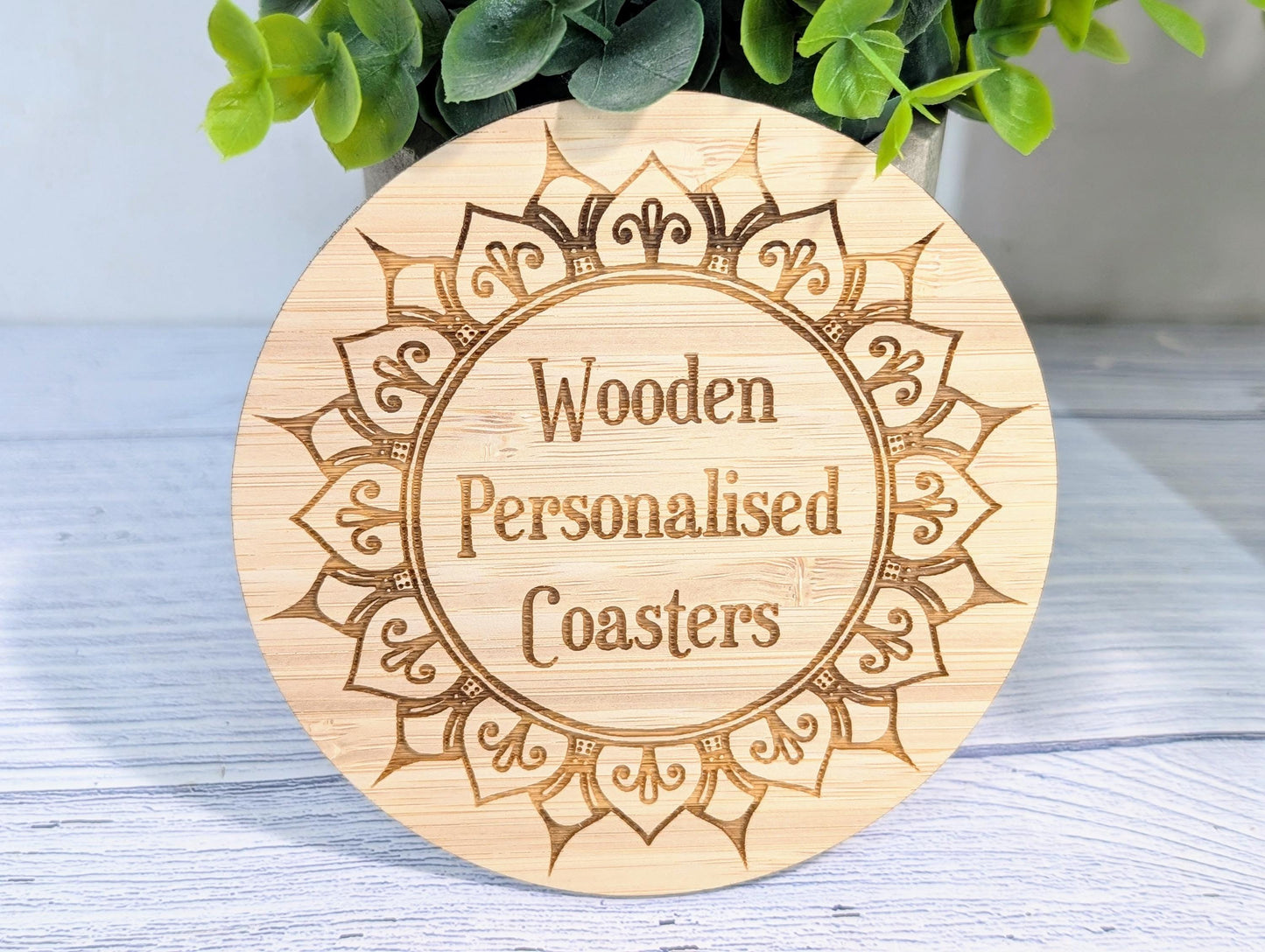 Custom Bamboo Coasters – Eco-Friendly Gift, Personalised Text, Engraved Border – Bespoke Sustainable Craft, 100mm Diameter, Coffee & Tea