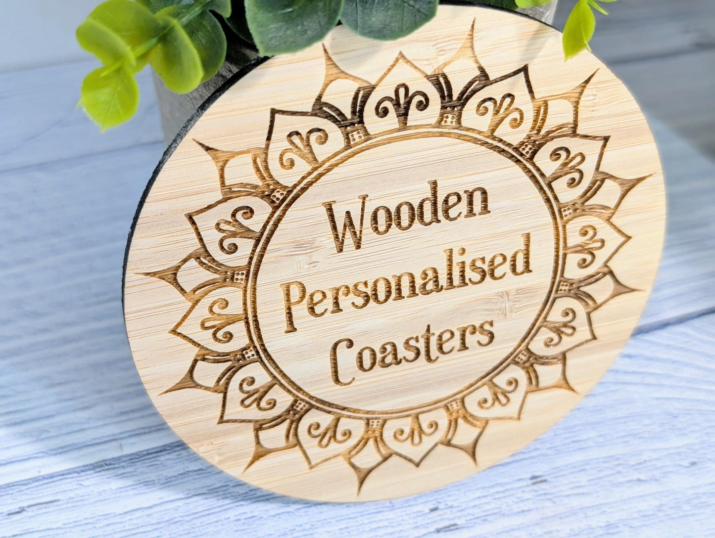 Custom Bamboo Coasters – Eco-Friendly Gift, Personalised Text, Engraved Border – Bespoke Sustainable Craft, 100mm Diameter, Coffee & Tea