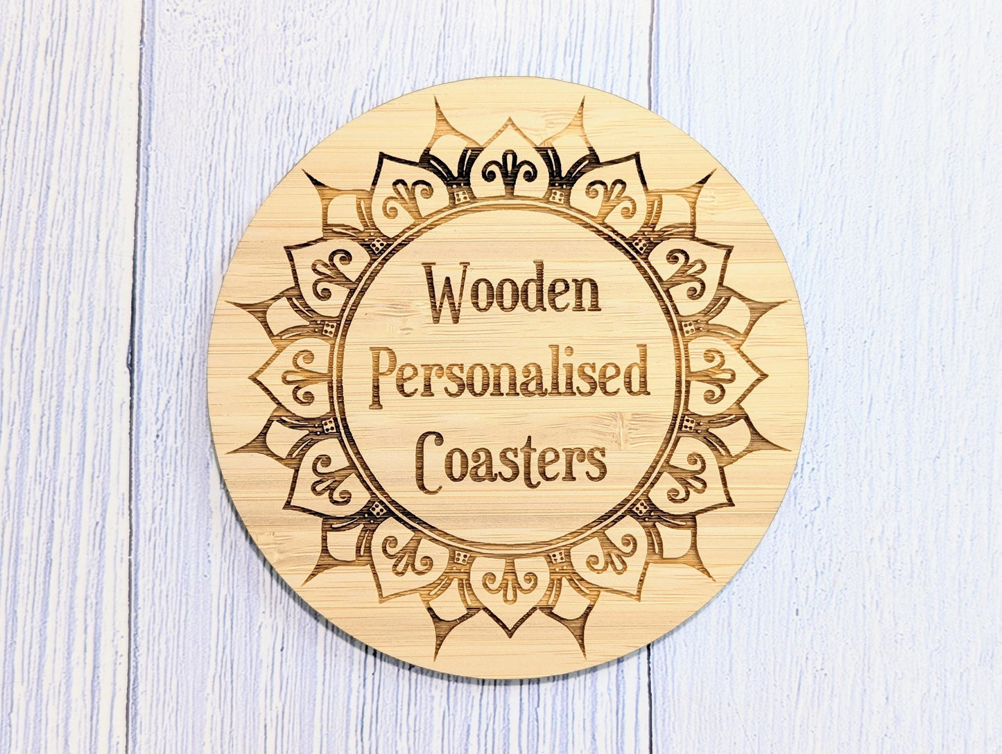 Custom Bamboo Coasters – Eco-Friendly Gift, Personalised Text, Engraved Border – Bespoke Sustainable Craft, 100mm Diameter, Coffee & Tea