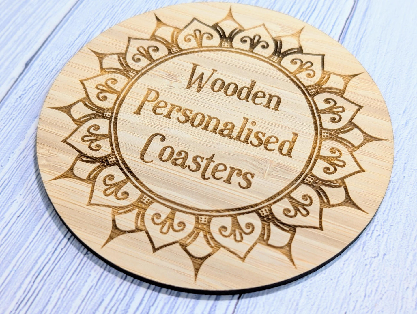 Custom Bamboo Coasters – Eco-Friendly Gift, Personalised Text, Engraved Border – Bespoke Sustainable Craft, 100mm Diameter, Coffee & Tea