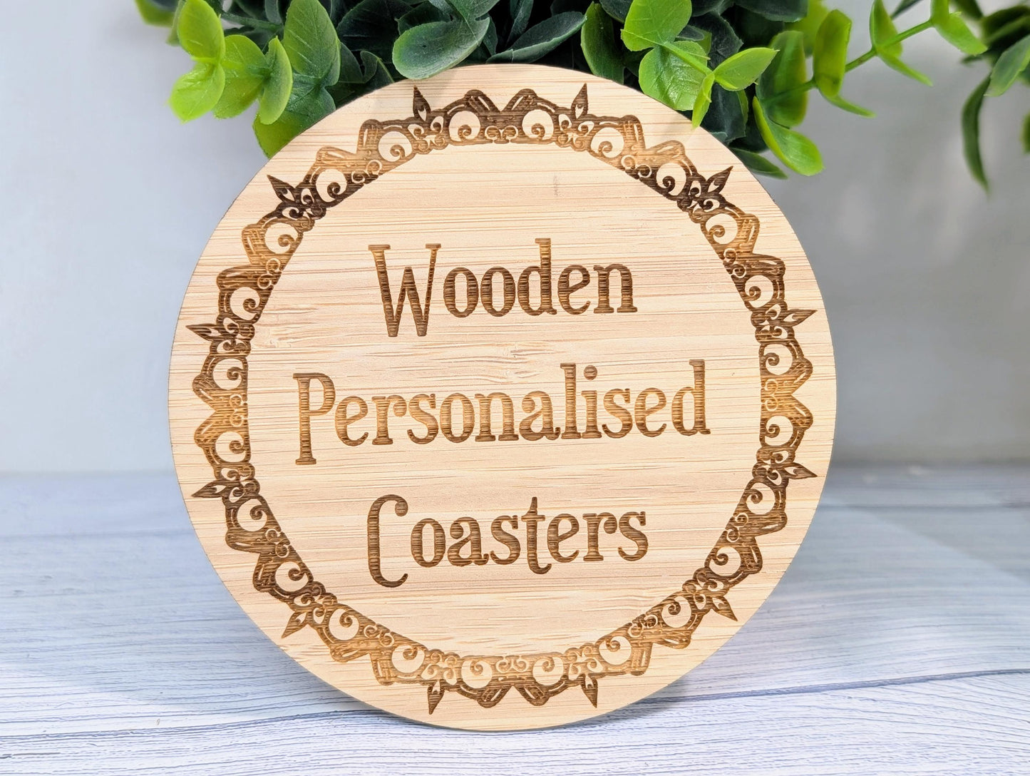 Bamboo Custom Coasters – Eco-Friendly Gift, Personalised Text, Engraved Border – Bespoke Sustainable Craft, 100mm Diameter, Coffee & Tea