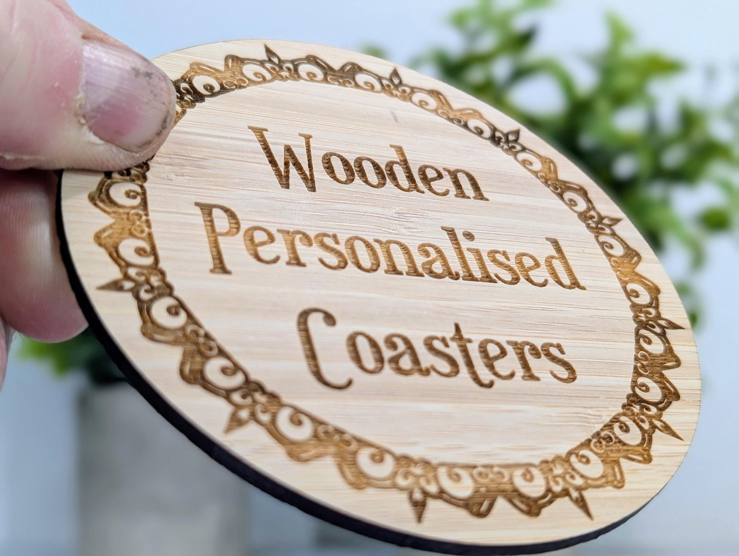 Bamboo Custom Coasters – Eco-Friendly Gift, Personalised Text, Engraved Border – Bespoke Sustainable Craft, 100mm Diameter, Coffee & Tea