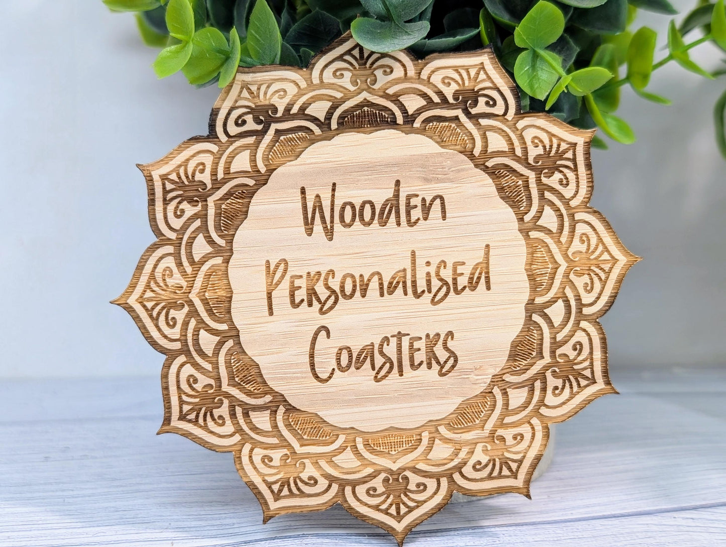 Custom Bamboo Mandala Coasters - Personalised Message Text – Eco-Friendly, Engraved Border – Bespoke Sustainable Craft, 110mm Diameter