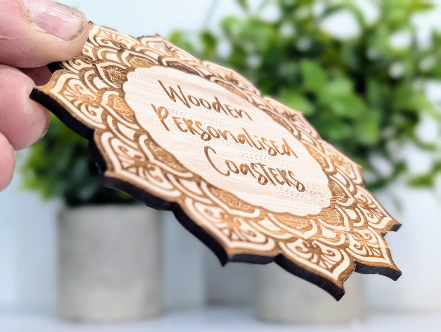 Custom Bamboo Mandala Coasters - Personalised Message Text – Eco-Friendly, Engraved Border – Bespoke Sustainable Craft, 110mm Diameter