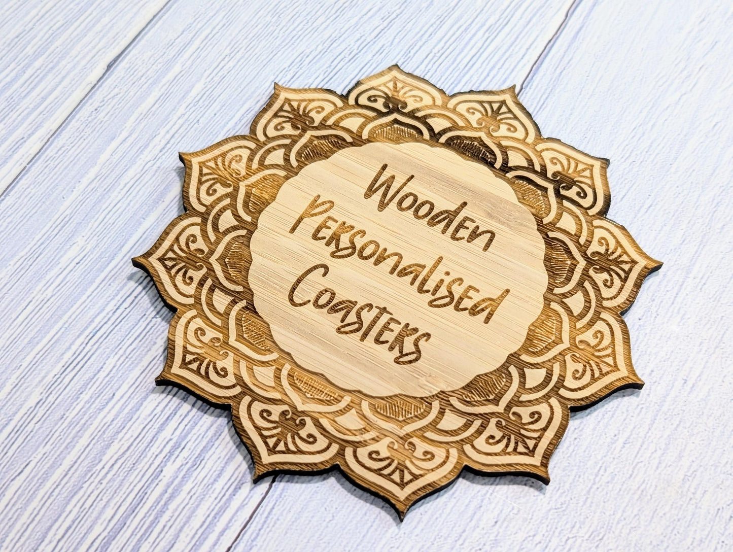 Custom Bamboo Mandala Coasters - Personalised Message Text – Eco-Friendly, Engraved Border – Bespoke Sustainable Craft, 110mm Diameter