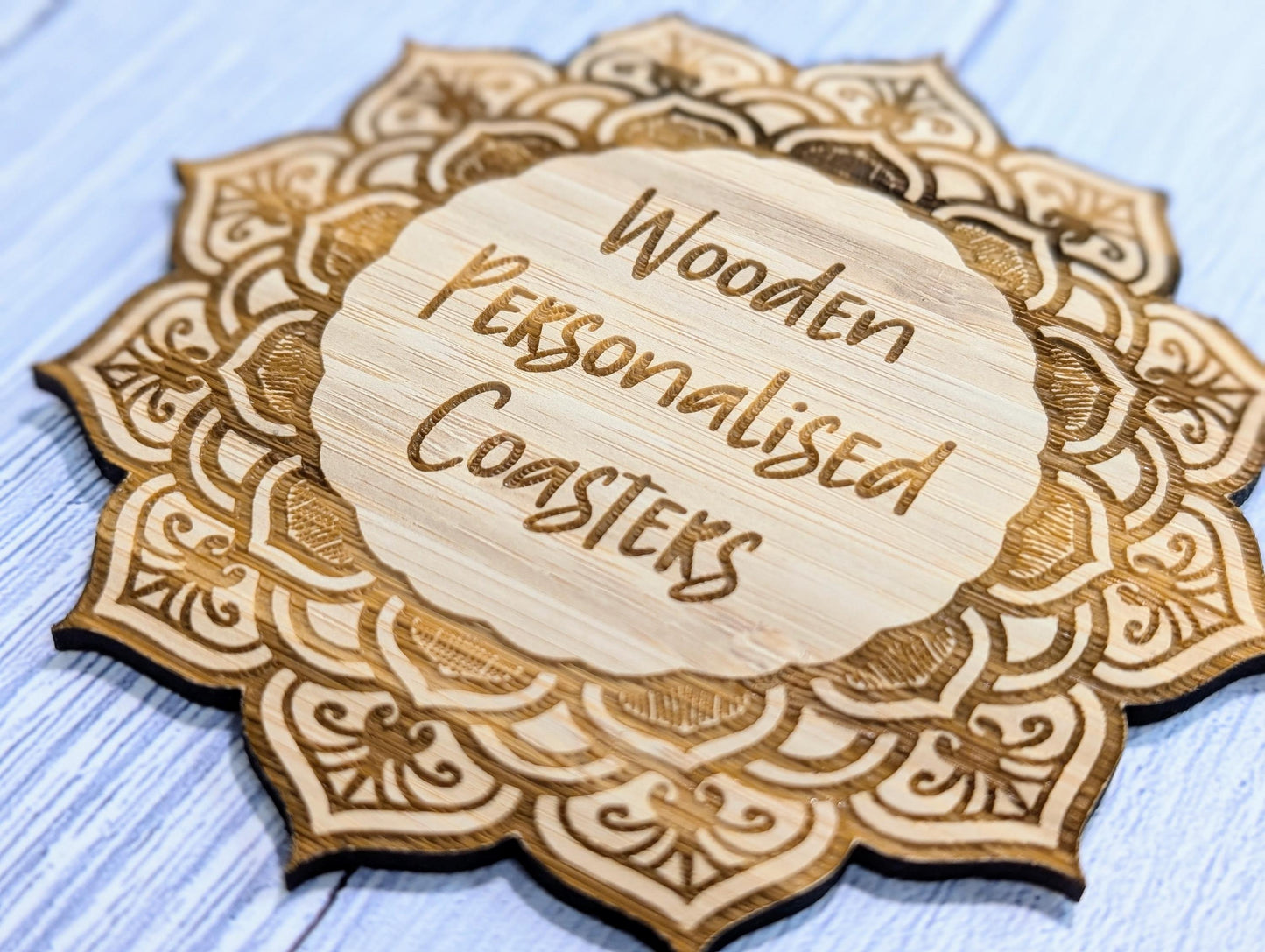 Custom Bamboo Mandala Coasters - Personalised Message Text – Eco-Friendly, Engraved Border – Bespoke Sustainable Craft, 110mm Diameter