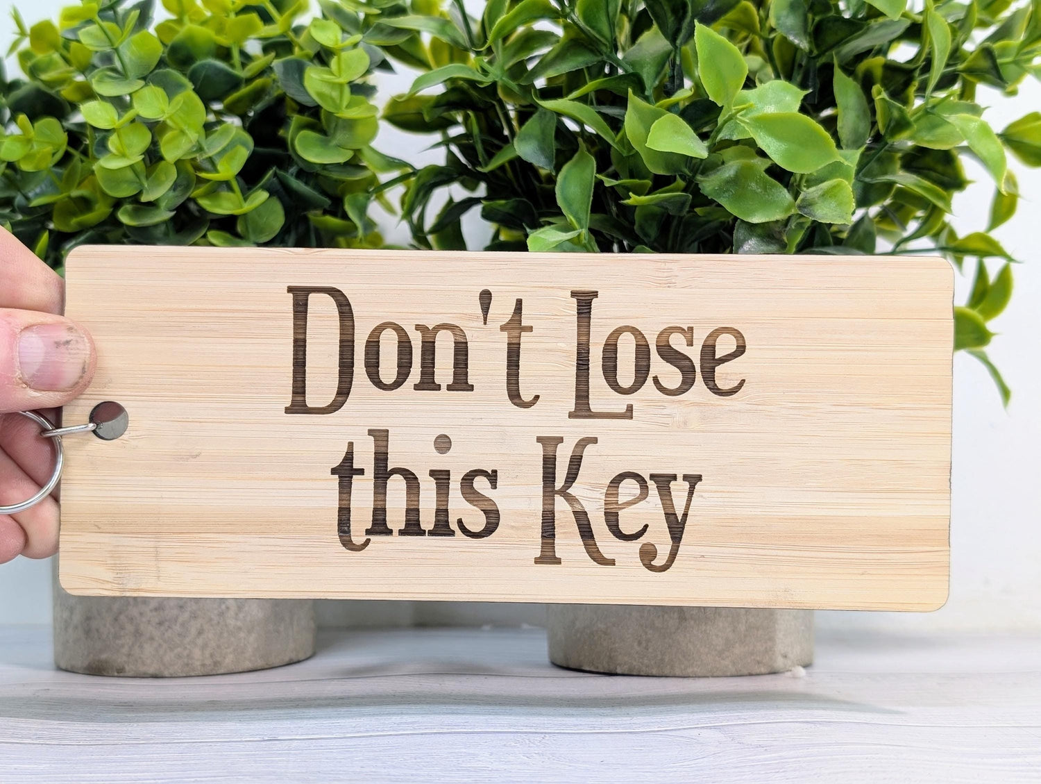 Don't Lose This Key bamboo keyring — extra large 200x80mm, laser engraved