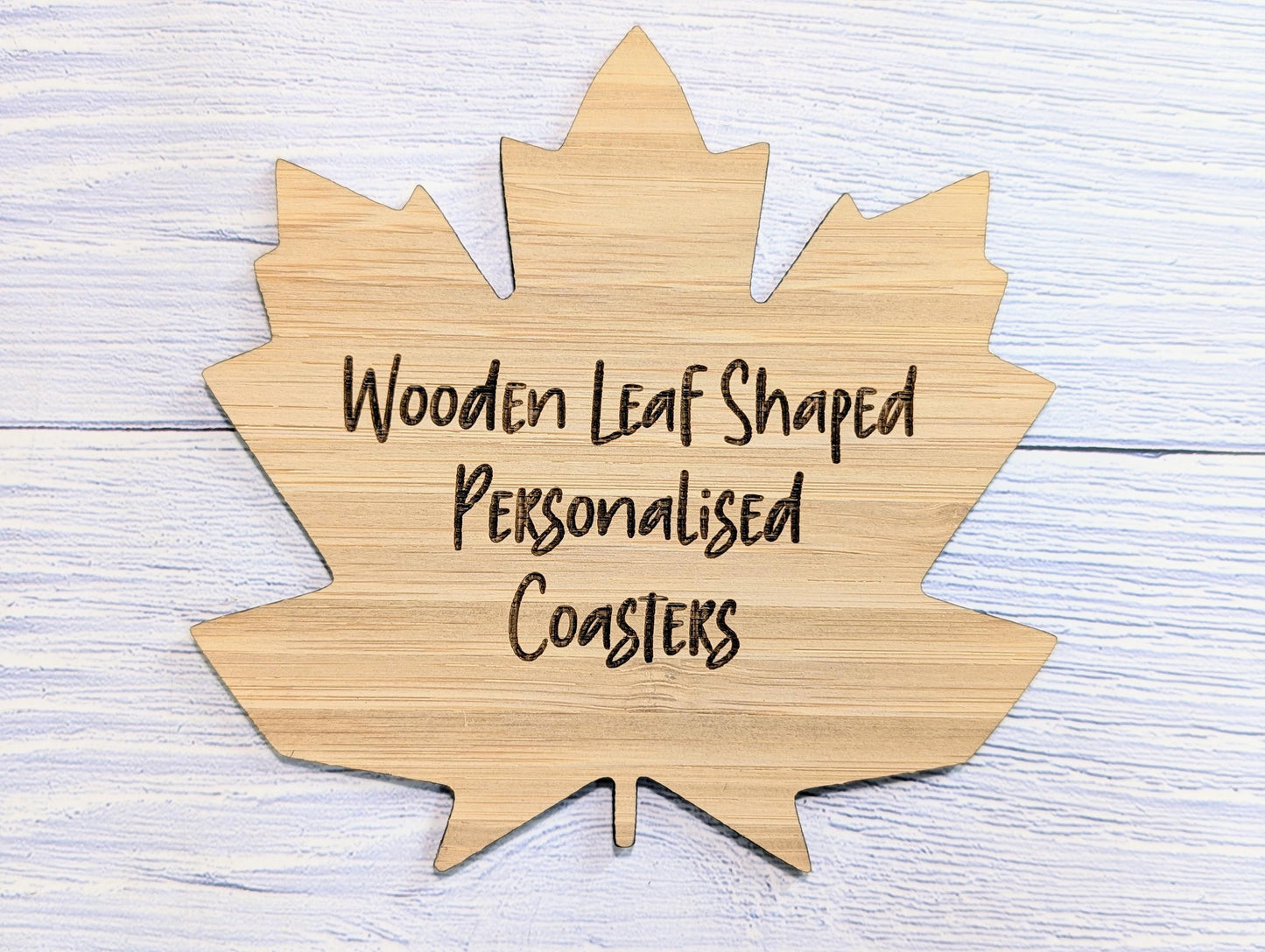 Leaf Shaped Bamboo Coasters - Personalised Text – Eco-Friendly Gift, Custom Message – Bespoke Sustainable Craft, 115mm Diameter