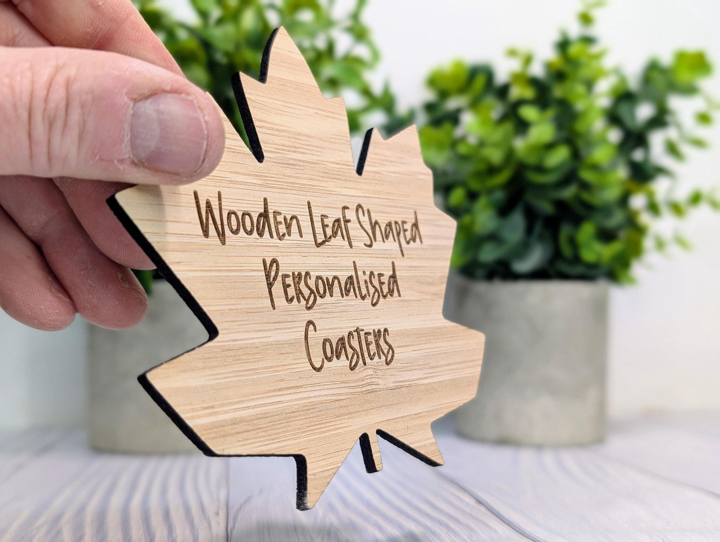 Leaf Shaped Bamboo Coasters - Personalised Text – Eco-Friendly Gift, Custom Message – Bespoke Sustainable Craft, 115mm Diameter