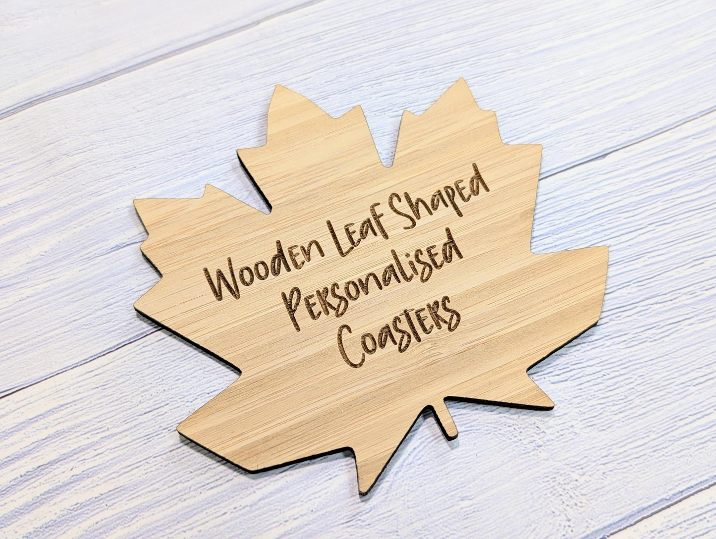 Leaf Shaped Bamboo Coasters - Personalised Text – Eco-Friendly Gift, Custom Message – Bespoke Sustainable Craft, 115mm Diameter