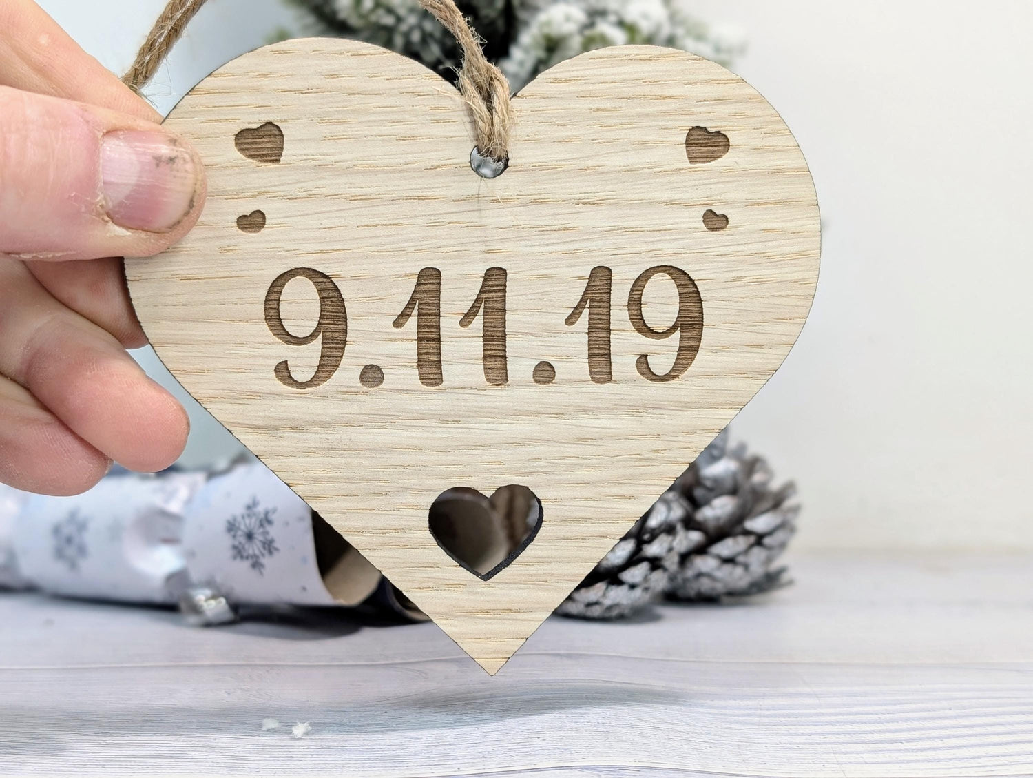 Day We First Met personalised oak bauble — date engraved, 10cm diameter