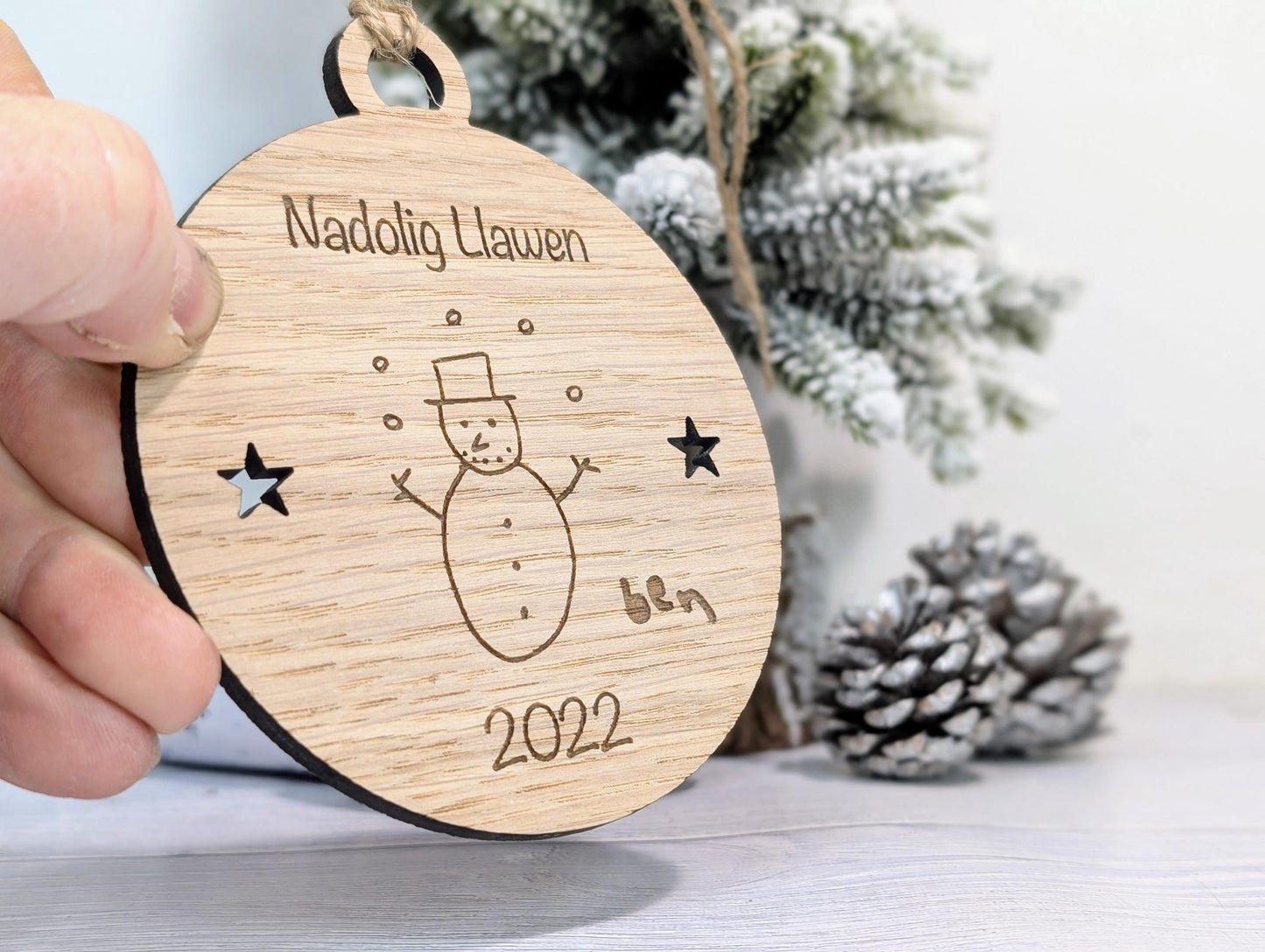 Personalised "Nadolig Llawen" Bauble - Design Your Own Bauble - Send Your Drawing, Welsh Custom Christmas Decoration in Oak Veneer - Xmas