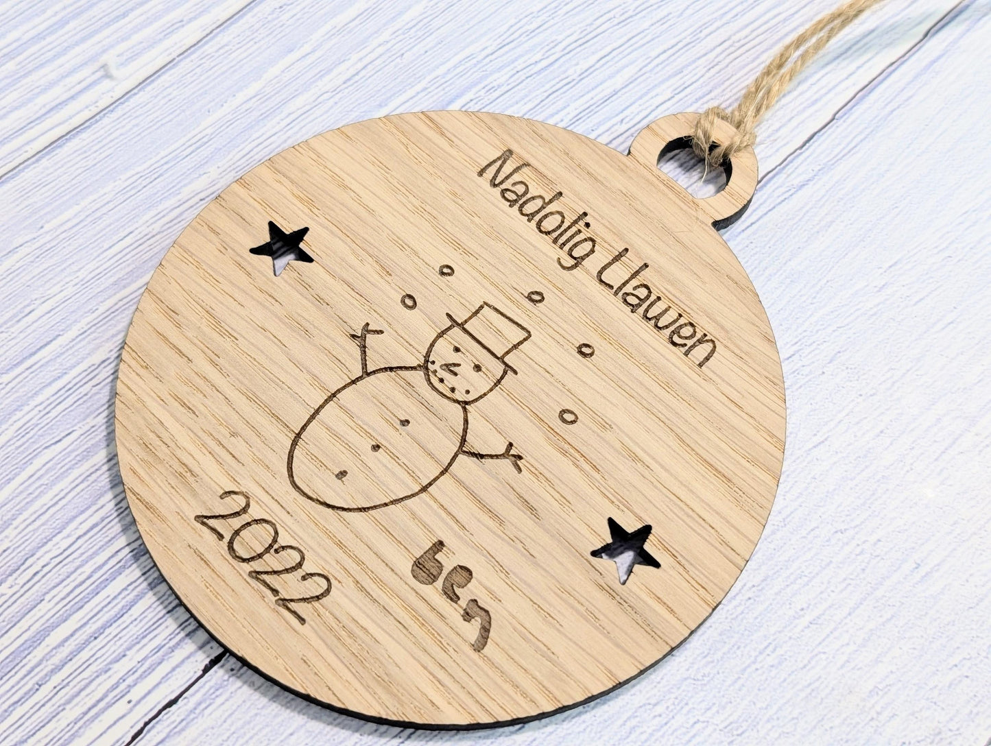 Personalised "Nadolig Llawen" Bauble - Design Your Own Bauble - Send Your Drawing, Welsh Custom Christmas Decoration in Oak Veneer - Xmas