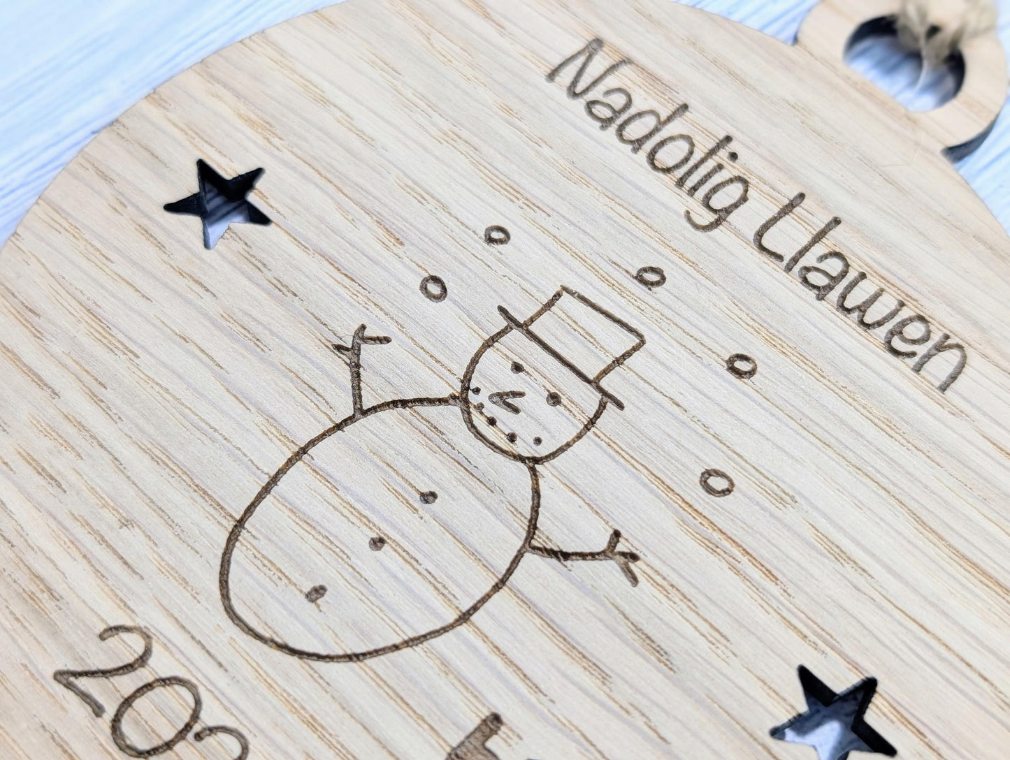 Personalised "Nadolig Llawen" Bauble - Design Your Own Bauble - Send Your Drawing, Welsh Custom Christmas Decoration in Oak Veneer - Xmas