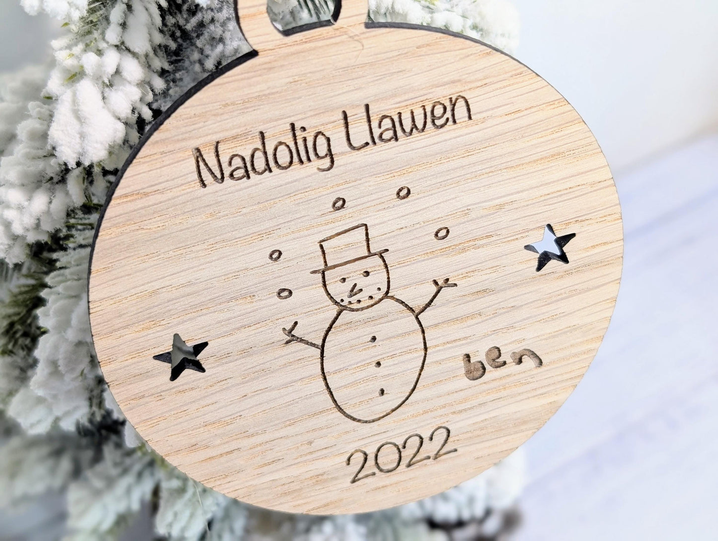 Personalised "Nadolig Llawen" Bauble - Design Your Own Bauble - Send Your Drawing, Welsh Custom Christmas Decoration in Oak Veneer - Xmas