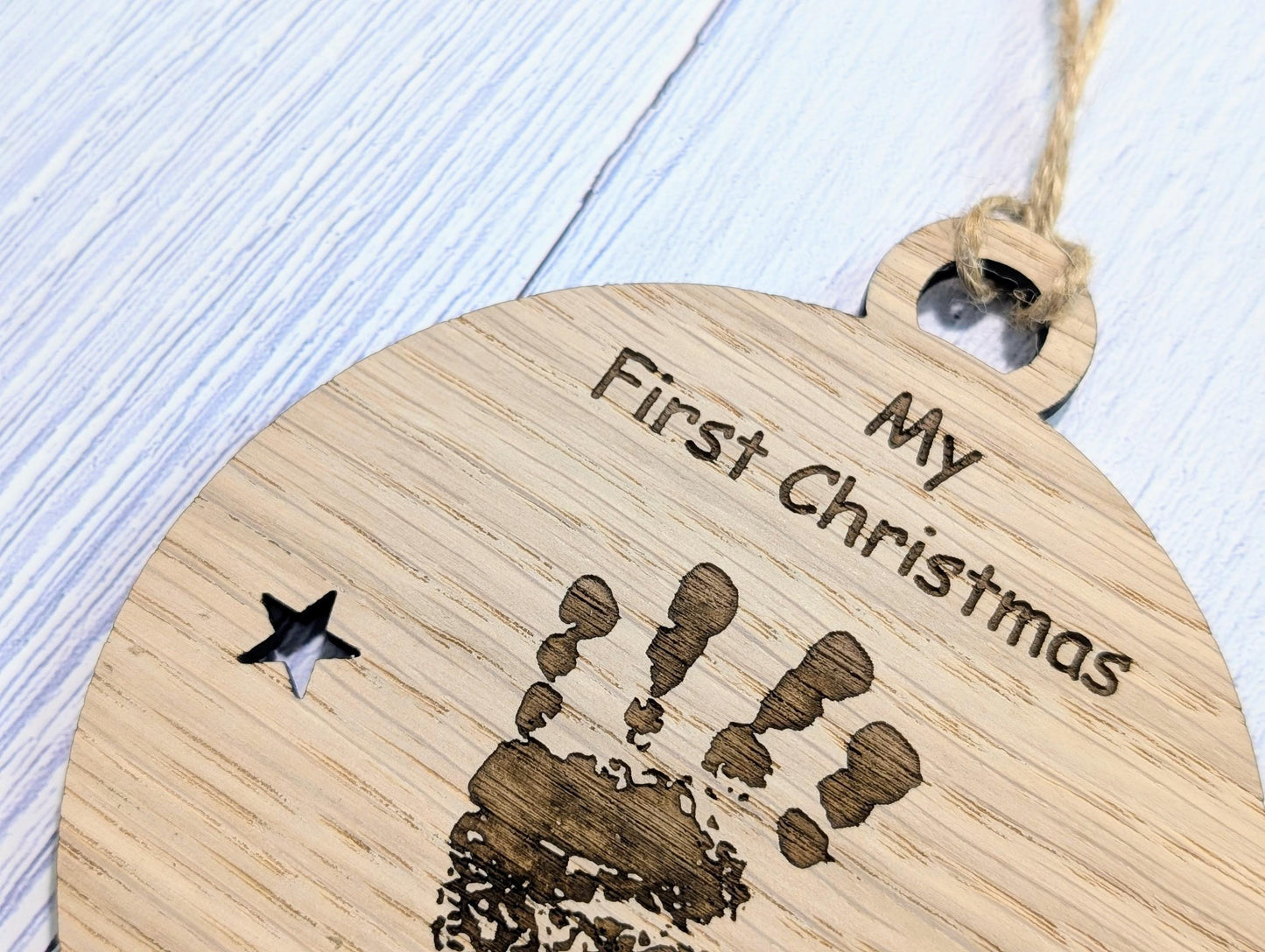 Personalised Oak Baby Handprint Bauble - Baby’s First Christmas Ornament - Custom Baby Keepsake New Parents - Oak Wood Christmas Decoration