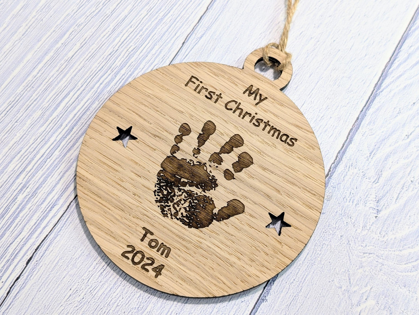 Personalised Oak Baby Handprint Bauble - Baby’s First Christmas Ornament - Custom Baby Keepsake New Parents - Oak Wood Christmas Decoration