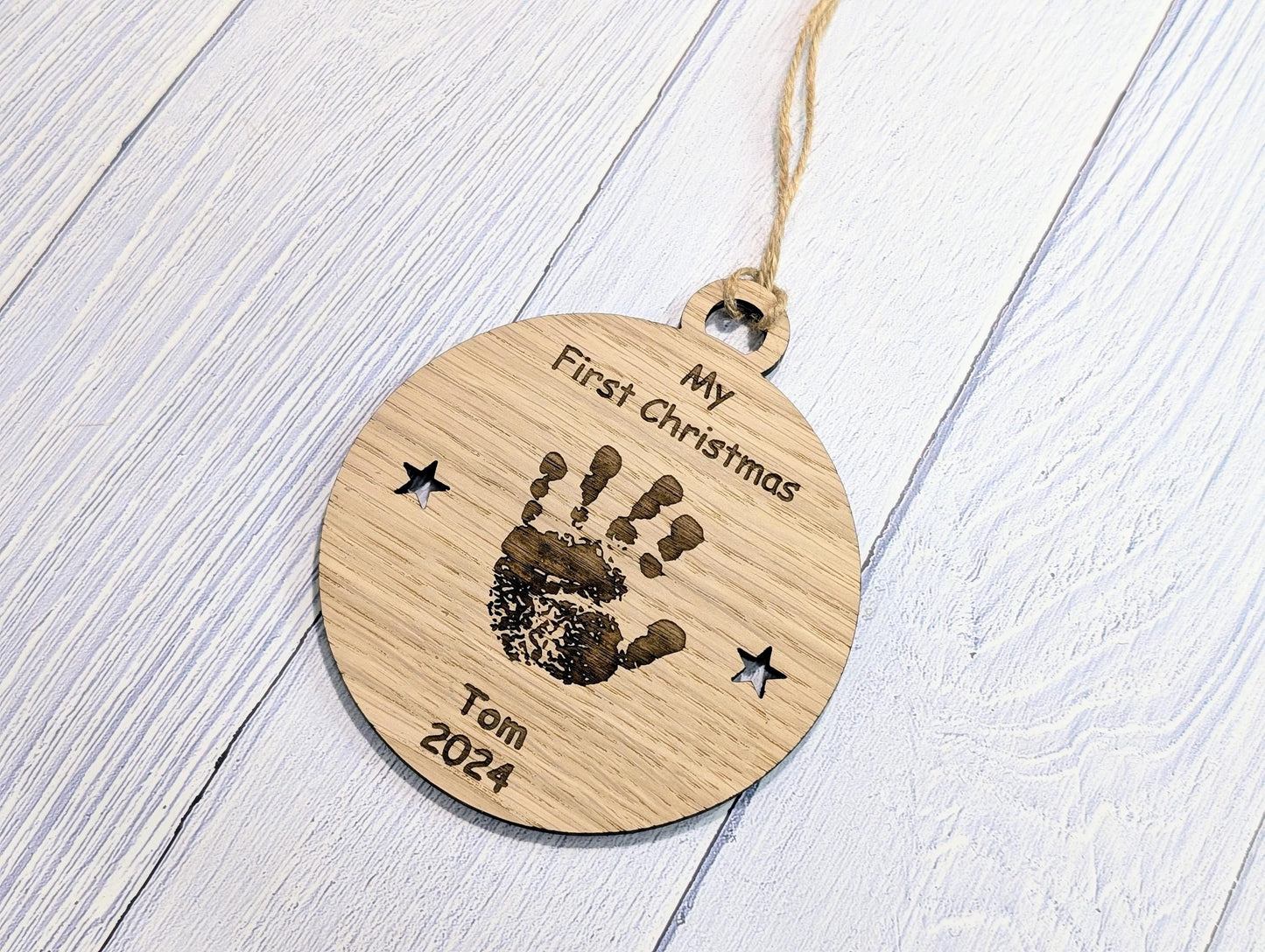 Personalised Oak Baby Handprint Bauble - Baby’s First Christmas Ornament - Custom Baby Keepsake New Parents - Oak Wood Christmas Decoration