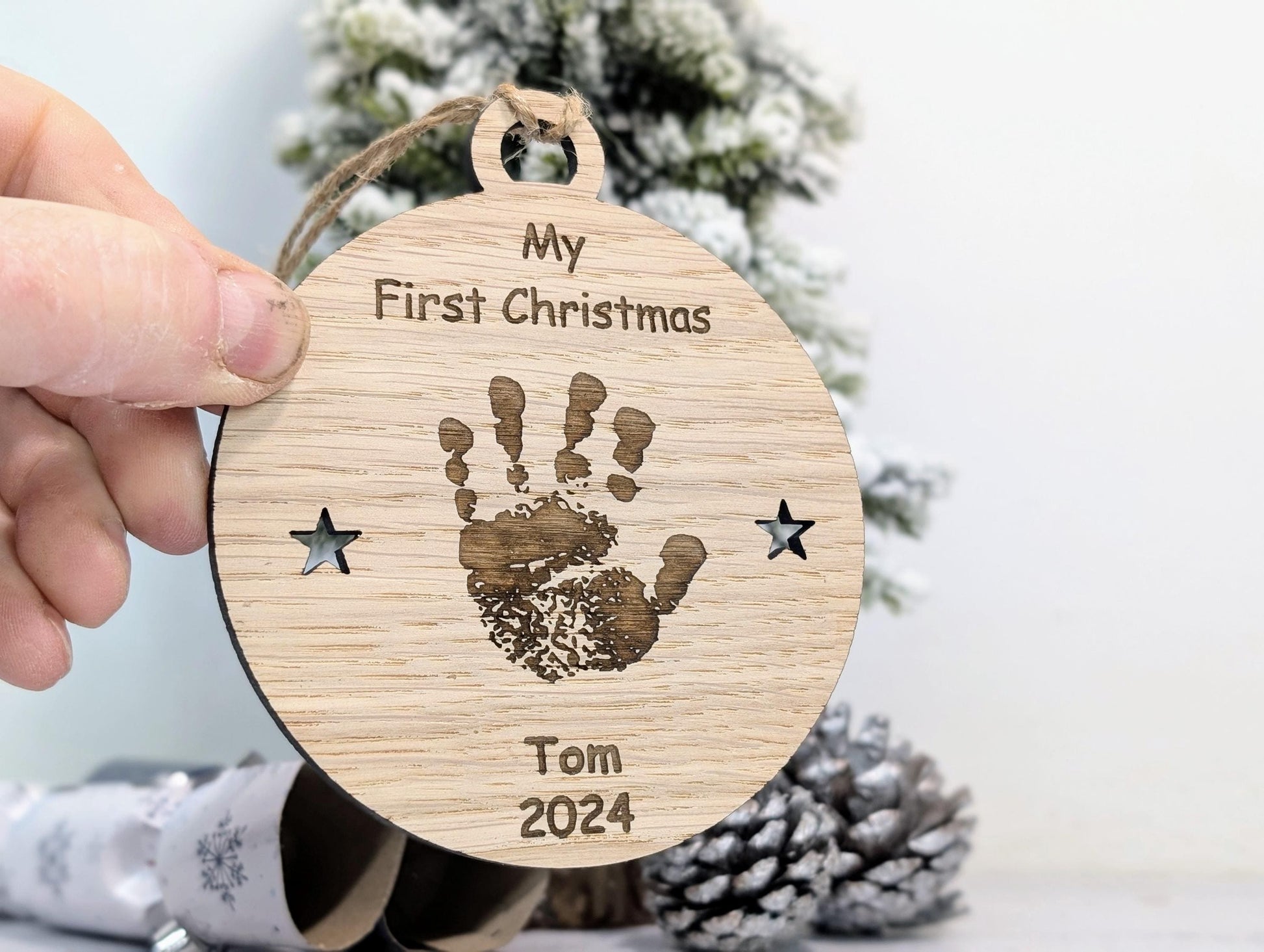 Personalised Oak Baby Handprint Bauble Baby's First Christmas